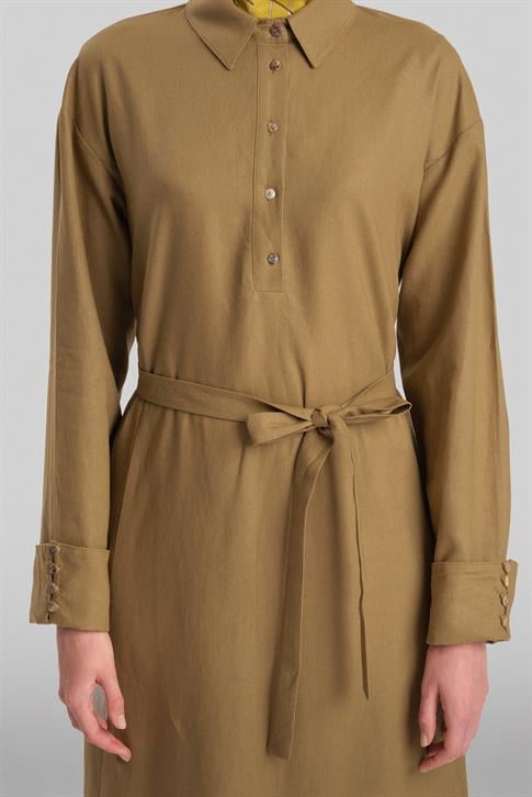 Armine Kalın Manşetli Keten Elbise 24Y9830 Zeytin
