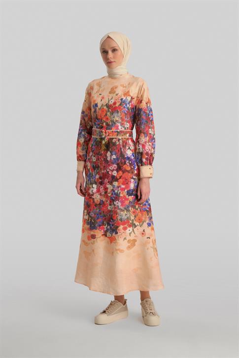Armine Şerit Detaylı Desenli Elbise 24Y9836 Şeftali