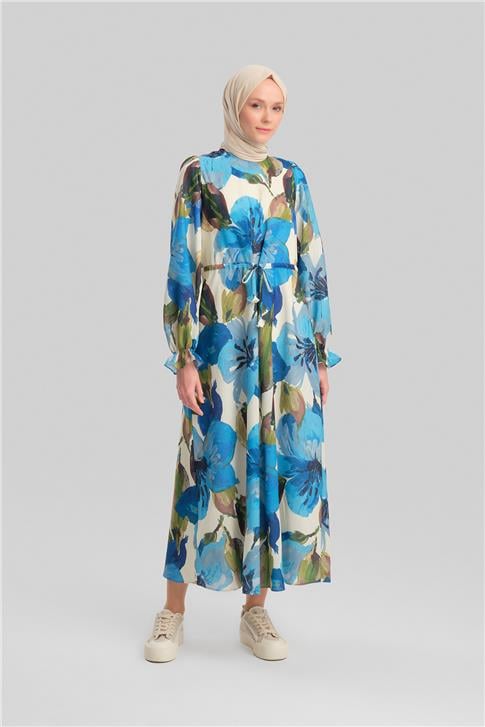 Armine Büzgü Detaylı Desenli Elbise 24Y9837 Mavi