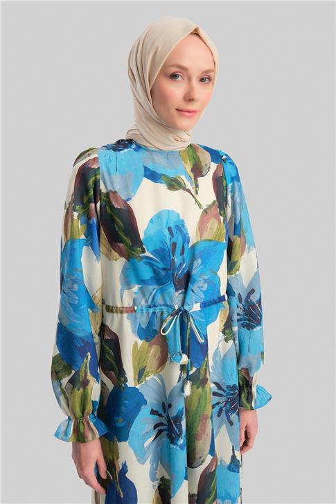 Armine Büzgü Detaylı Desenli Elbise 24Y9837 Mavi