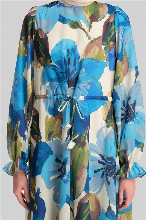 Armine Büzgü Detaylı Desenli Elbise 24Y9837 Mavi