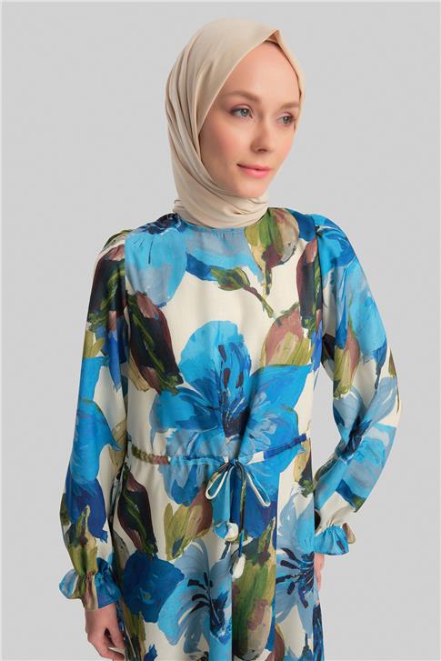 Armine Büzgü Detaylı Desenli Elbise 24Y9837 Mavi