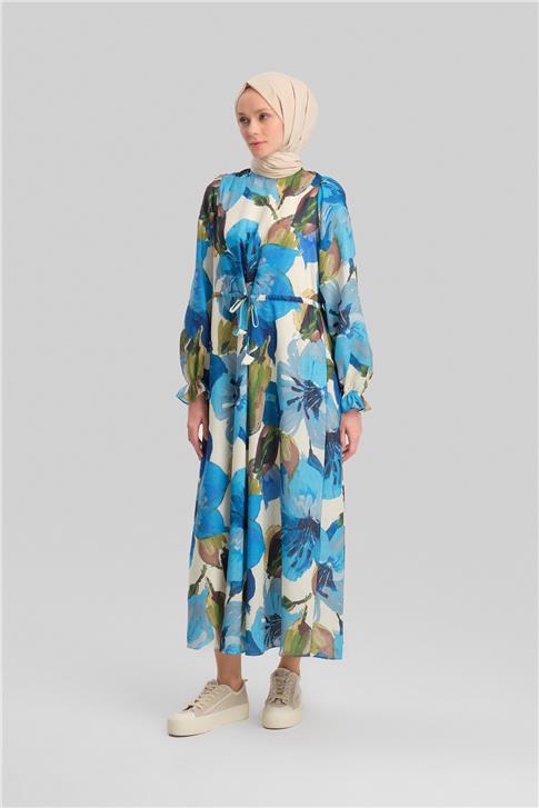 Armine Büzgü Detaylı Desenli Elbise 24Y9837 Mavi