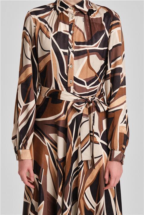 Armine Biye Detaylı Desenli Elbise 24Y9853 Kahverengi