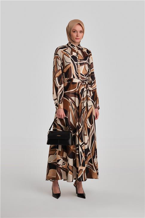 Armine Biye Detaylı Desenli Elbise 24Y9853 Kahverengi