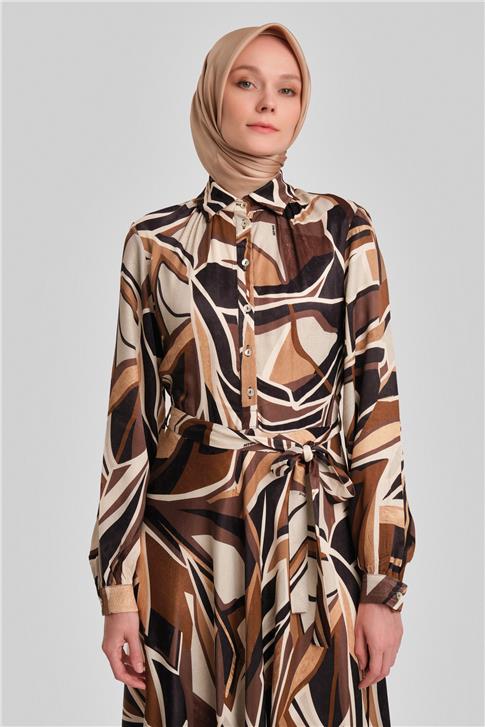 Armine Biye Detaylı Desenli Elbise 24Y9853 Kahverengi