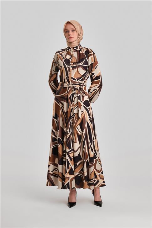 Armine Biye Detaylı Desenli Elbise 24Y9853 Kahverengi