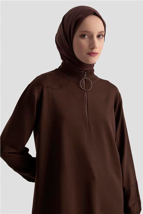 Armine Çiçek Desenli Triko Tunik 25KTD4111 Acı Kahve