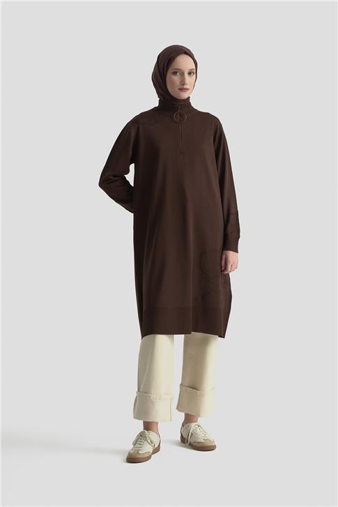 Armine Çiçek Desenli Triko Tunik 25KTD4111 Acı Kahve