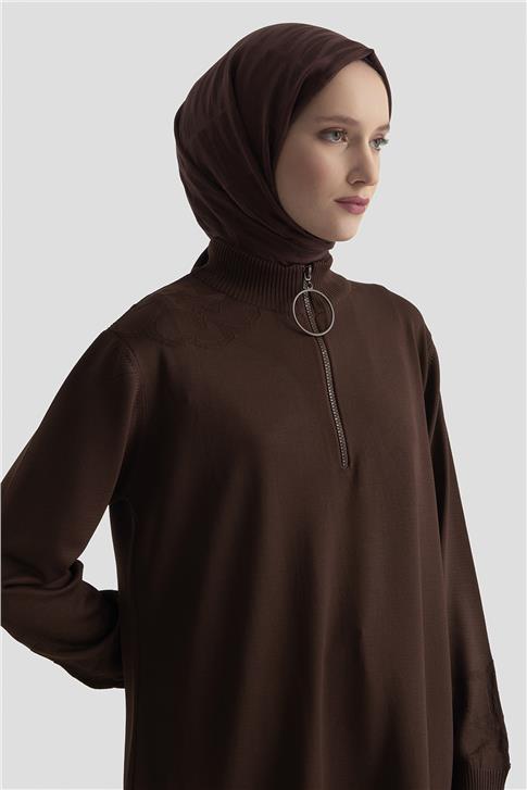 Armine Çiçek Desenli Triko Tunik 25KTD4111 Acı Kahve