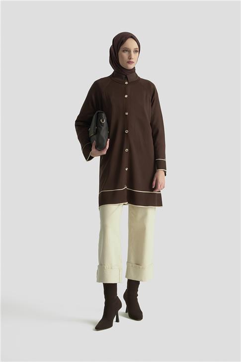 Armine Trend Çizgi Detaylı Triko Hırka 25KTD4123 Kahverengi