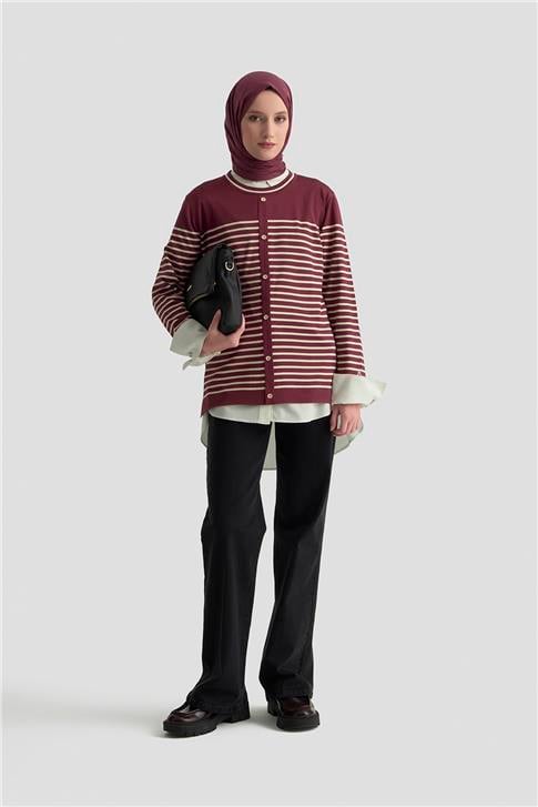 Armine Düğmeli Çizgili Triko Kazak 25KTD4128 BORDO