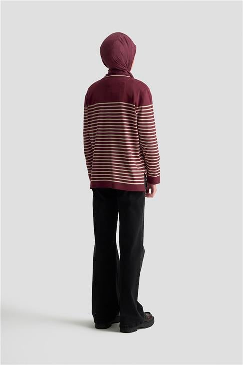 Armine Düğmeli Çizgili Triko Kazak 25KTD4128 BORDO