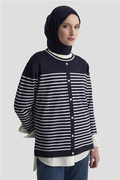 Armine Düğmeli Çizgili Triko Kazak 25KTD4128 Lacivert