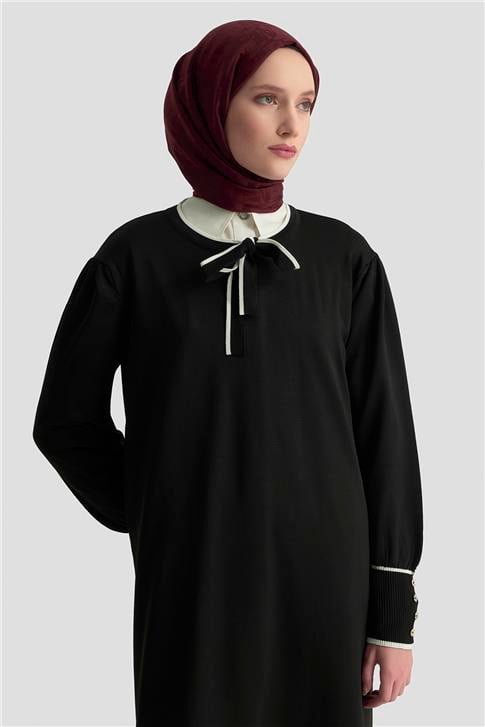 Armine Fularlı Triko Elbise 25KTD955 Siyah