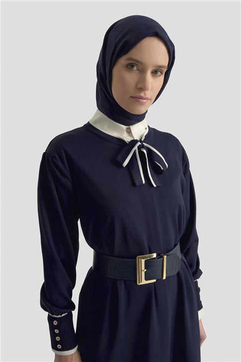 Armine Fularlı Triko Elbise 25KTD955 Lacivert