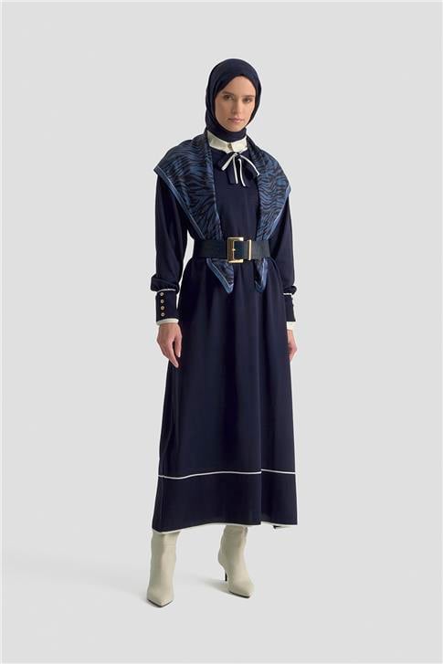 Armine Fularlı Triko Elbise 25KTD955 Lacivert