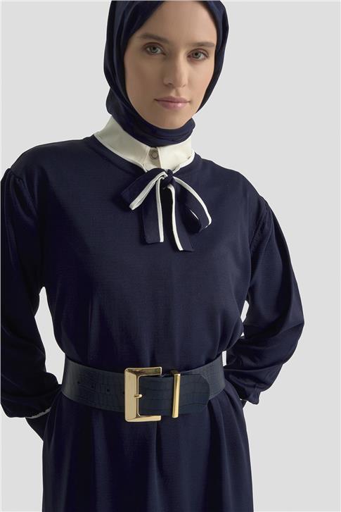 Armine Fularlı Triko Elbise 25KTD955 Lacivert