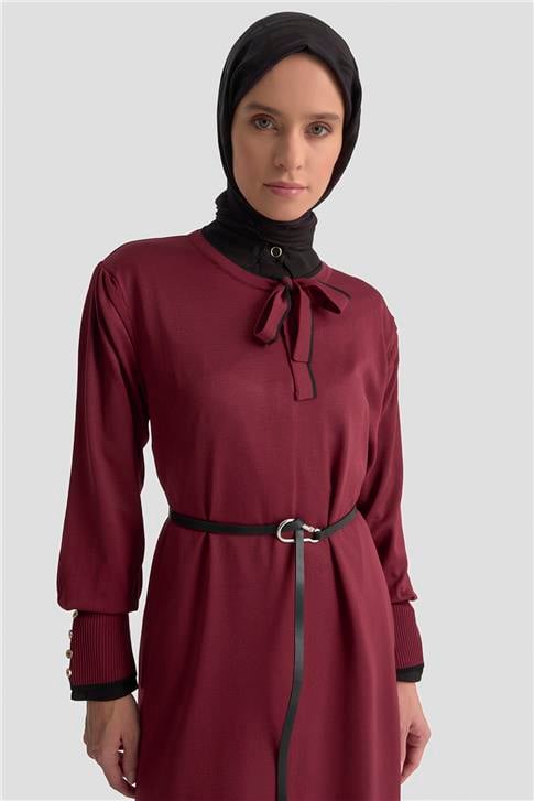 Armine Fularlı Triko Elbise 25KTD955 BORDO