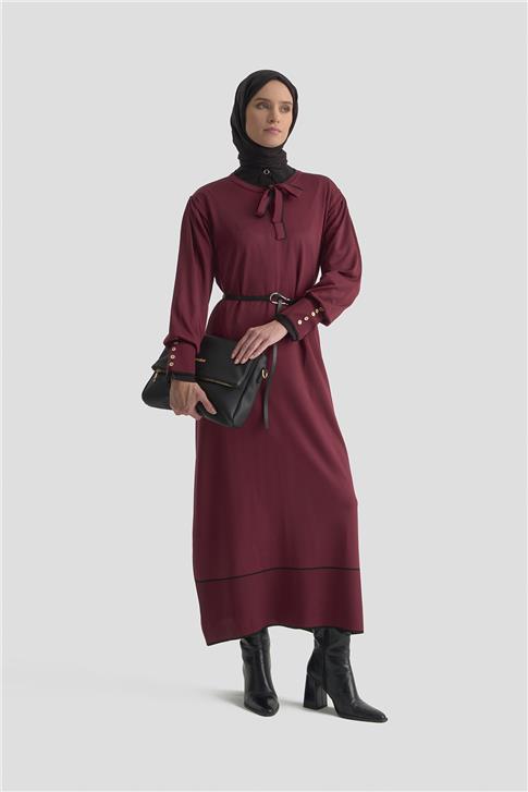 Armine Fularlı Triko Elbise 25KTD955 BORDO