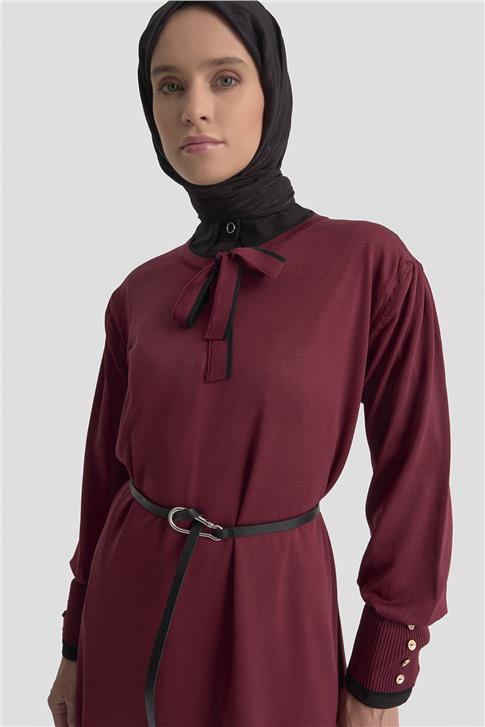 Armine Fularlı Triko Elbise 25KTD955 BORDO