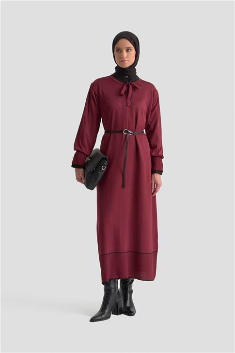 Armine Fularlı Triko Elbise 25KTD955 BORDO