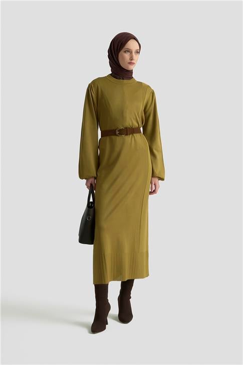 Armine Basic Triko Elbise 25KTD956 yağ yeşili