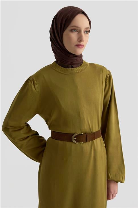 Armine Basic Triko Elbise 25KTD956 yağ yeşili