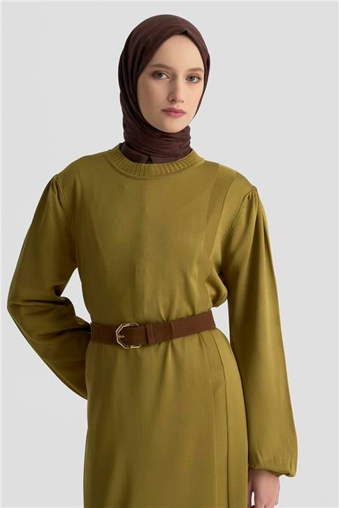 Armine Basic Triko Elbise 25KTD956 yağ yeşili