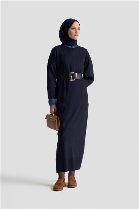 Armine Baklava Desenli Triko Elbise 25KTD958 LACİVERT