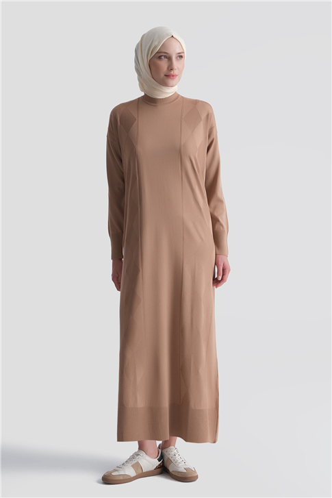 Armine Baklava Desenli Triko Elbise 25KTD958 Latte 