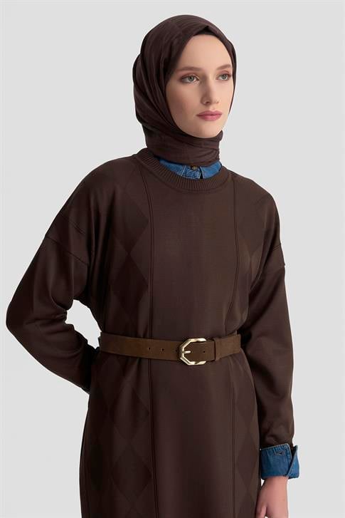 Armine Baklava Desenli Triko Elbise 25KTD958 Acı Kahve