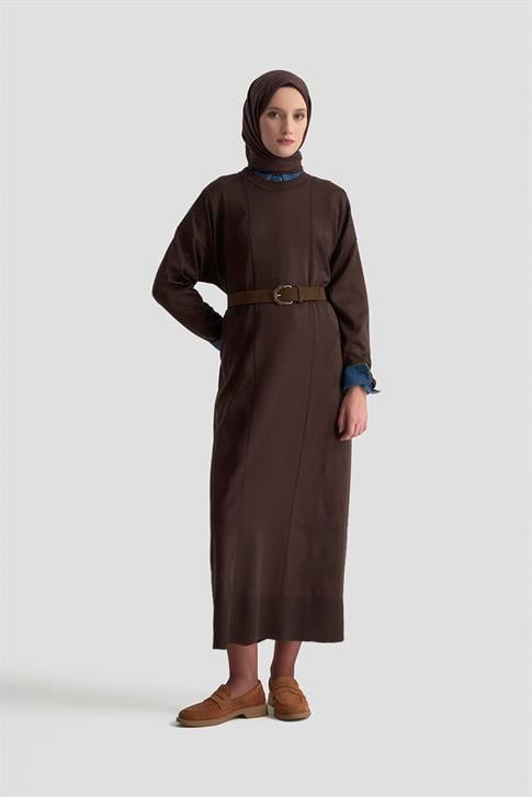 Armine Baklava Desenli Triko Elbise 25KTD958 Acı Kahve