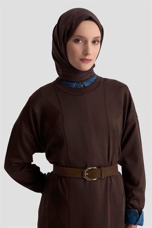 Armine Baklava Desenli Triko Elbise 25KTD958 Acı Kahve