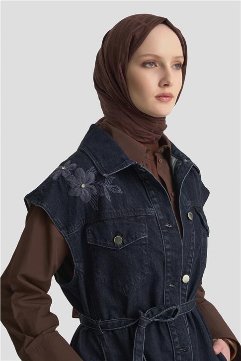 Armine Nakışlı Denim Yelek 25KD1009 Lacivert