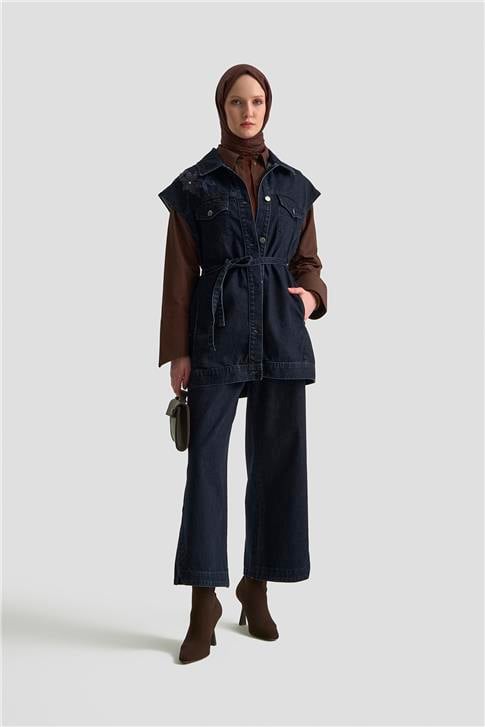 Armine Nakışlı Denim Yelek 25KD1009 Lacivert