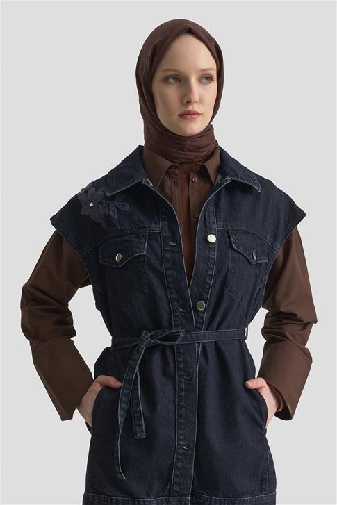 Armine Nakışlı Denim Yelek 25KD1009 Lacivert