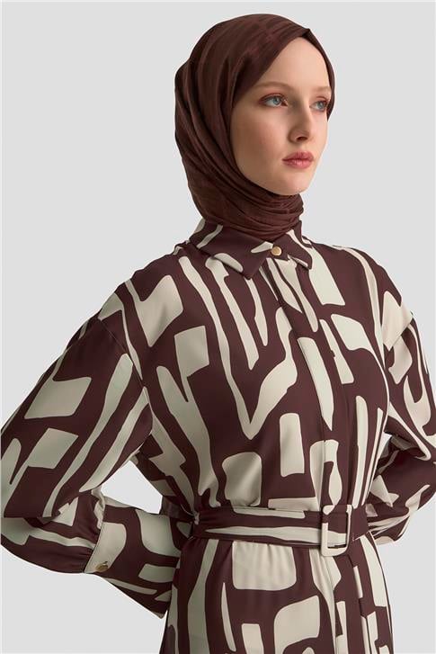 Armine Soyut Desenli Elbise 25KD1013 Vizon