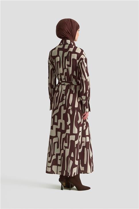 Armine Soyut Desenli Elbise 25KD1013 Vizon