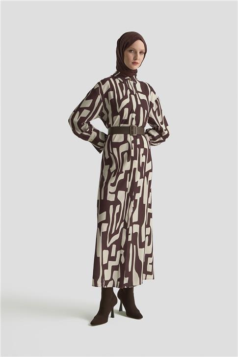 Armine Soyut Desenli Elbise 25KD1013 Vizon