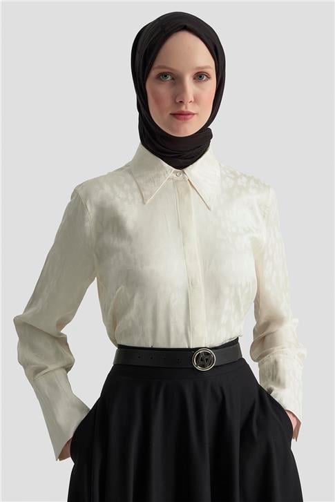 Armine Leopar Desenli Gömlek 25KM1021 Ekru