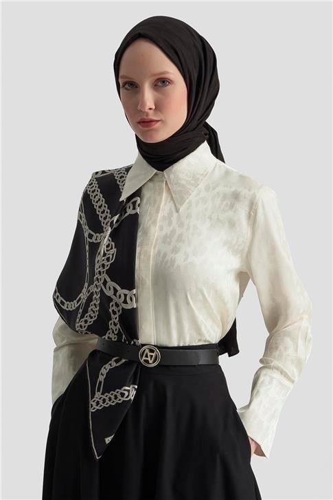 Armine Leopar Desenli Gömlek 25KM1021 Ekru