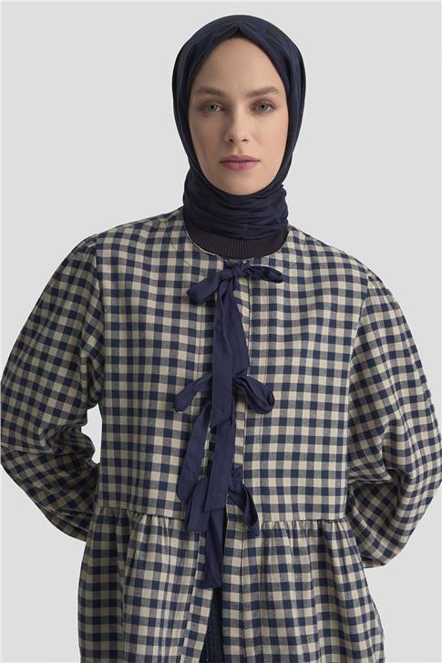 Armine Bağlamalı Karpuz Kol Ekose Tunik 25KM1025 Lacivert