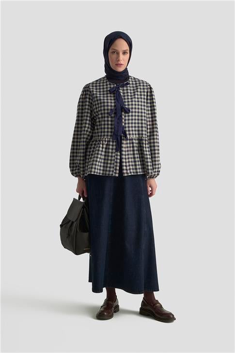 Armine Bağlamalı Karpuz Kol Ekose Tunik 25KM1025 Lacivert