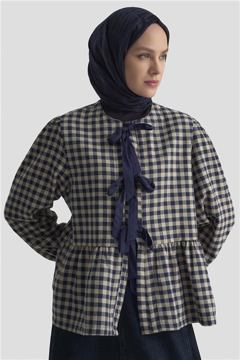 Armine Bağlamalı Karpuz Kol Ekose Tunik 25KM1025 Lacivert