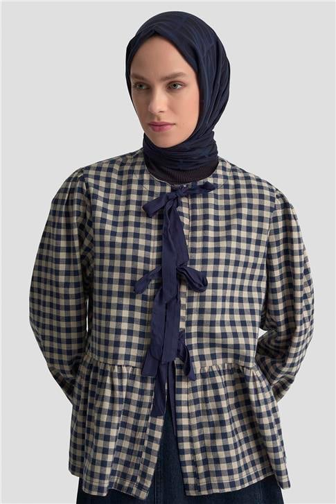 Armine Bağlamalı Karpuz Kol Ekose Tunik 25KM1025 Lacivert