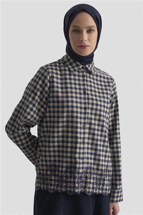 Armine Çiçek Nakışlı Ekose Tunik 25KM1026 Lacivert