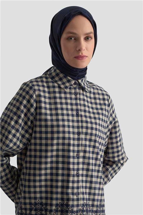 Armine Çiçek Nakışlı Ekose Tunik 25KM1026 Lacivert