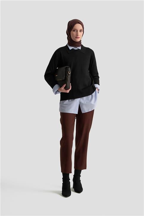 Armine Beli Lastikli Klasik Pantolon 25KD1113 Kahverengi