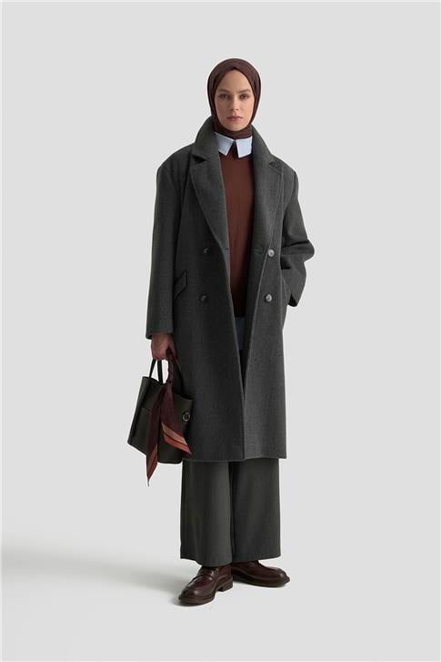 Armine Kruvaze Yaka Kaşe Kaban 25KD1122 Antrasit